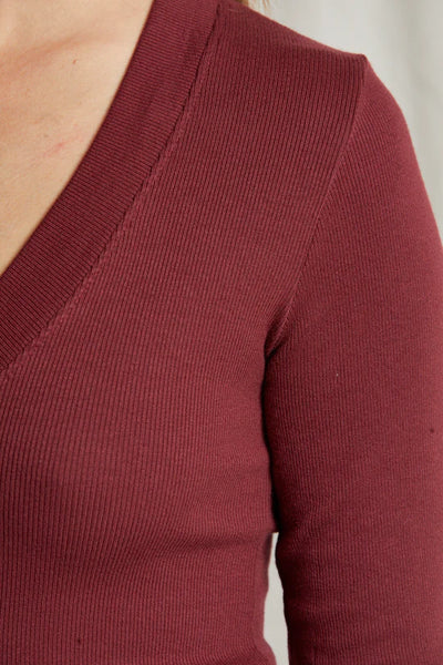 Viola V-Neck Ribbed Long Sleeve Tee - Cranberry