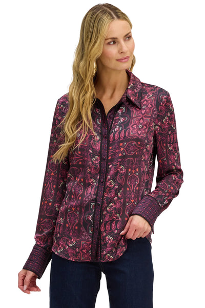 Kelly Button Down - Burgundy Scarf Print