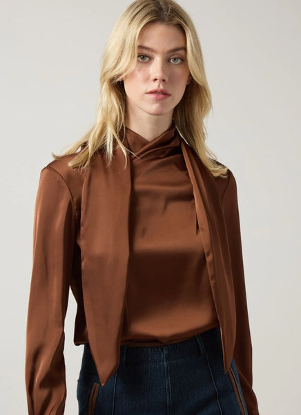 Johanna Satin Scarf Neck Blouse - Cocoa