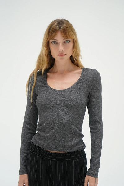 Jacinda Lurex Rib Long Sleeve - Black