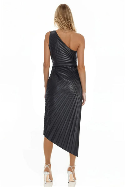 Alana Pleated Dress - Black Faux Leather
