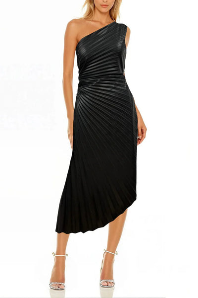 Alana Pleated Dress - Black Faux Leather