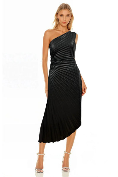 faux leather pleated dress THML Faux Leather Pleated Midi Dress Black / Small