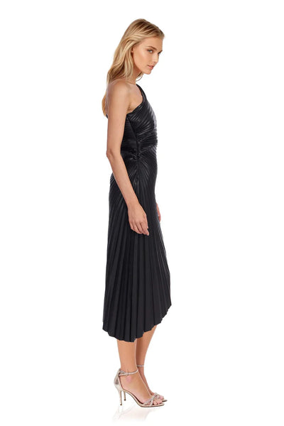Alana Pleated Dress - Black Faux Leather