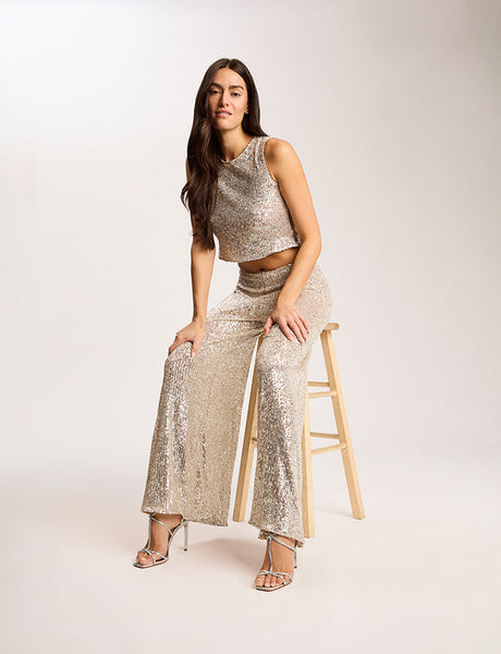 Sequin Mesh Muscle Crop Top - Silver