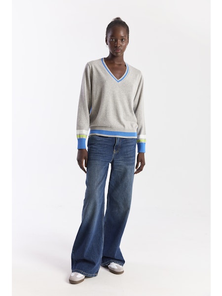 Contrast Stripe Varsity V-Neck  - Grey Haze
