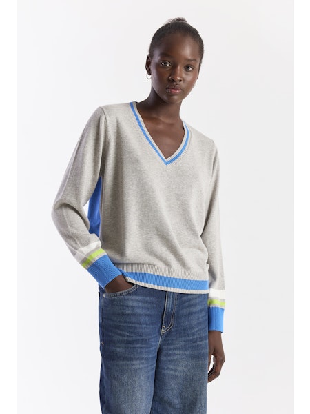 Contrast Stripe Varsity V-Neck  - Grey Haze