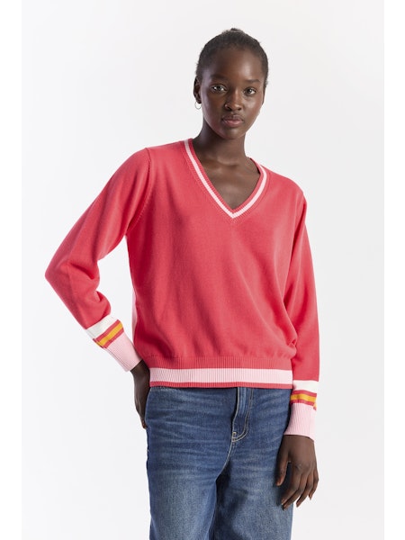 Contrast Stripe Varsity V-Neck  - Coral Paradise