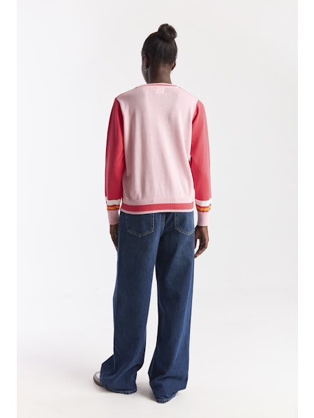 Contrast Stripe Varsity V-Neck  - Coral Paradise