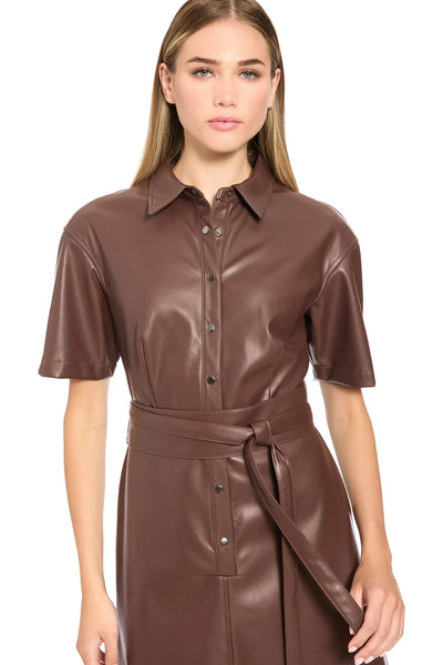 Faux Leather Belted Midi Dress - French Roast