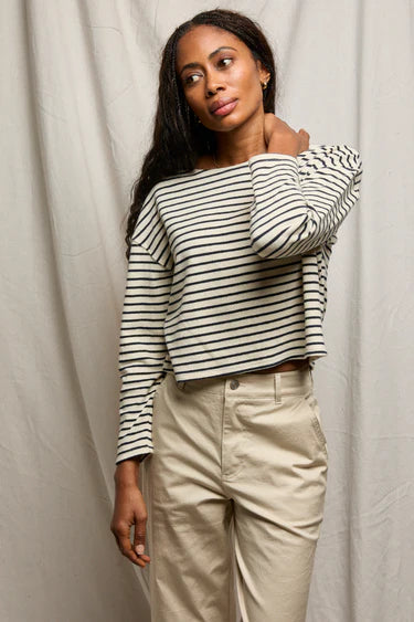 Taylor L/S Boat Neck Tee - Sugar/Navy Stripe