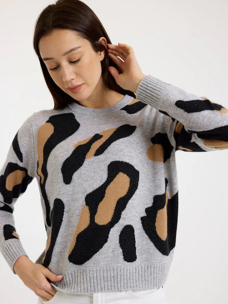 Abstract Leopard Crewneck  - Super Grey/Charcoal/Camel