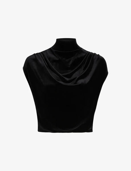 Velvet Draped Mock Crop Top - Black
