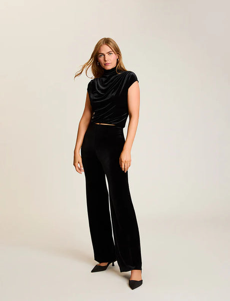 Velvet Draped Mock Crop Top - Black