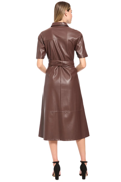 Faux Leather Belted Midi Dress - French Roast