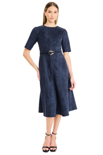 Suede Soft Flare A-Line Midi Dress - Navy