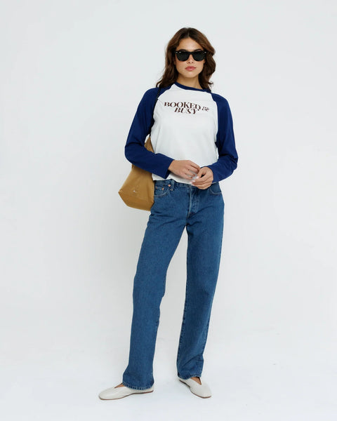 Booked & Busy Baseball Tee - Navy/Off White