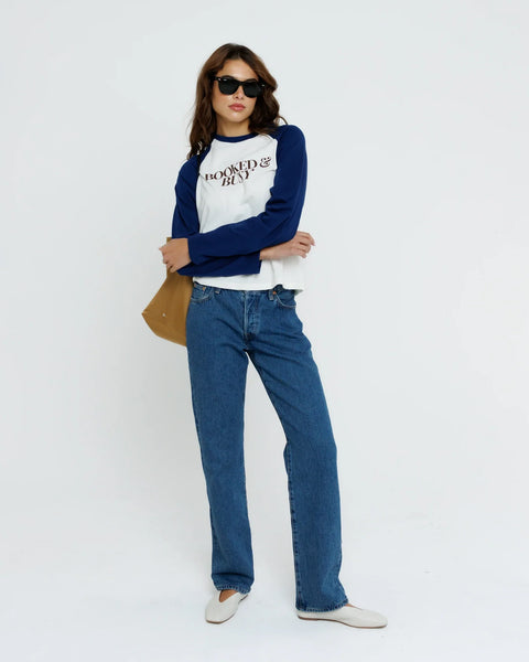 Booked & Busy Baseball Tee - Navy/Off White