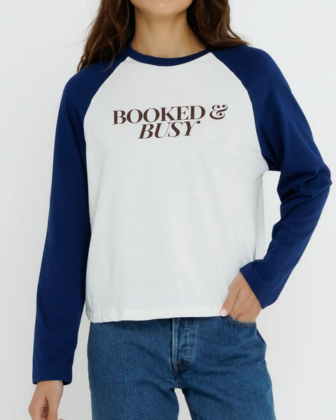 Booked & Busy Baseball Tee - Navy/Off White