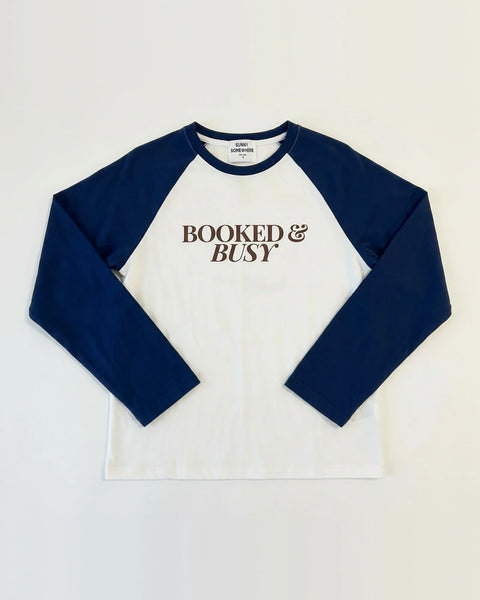 Booked & Busy Baseball Tee - Navy/Off White