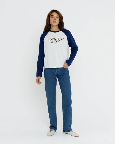 Booked & Busy Baseball Tee - Navy/Off White