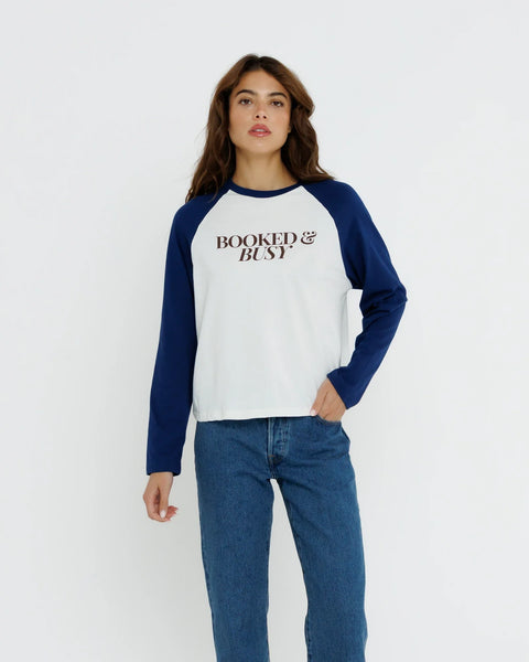Booked & Busy Baseball Tee - Navy/Off White