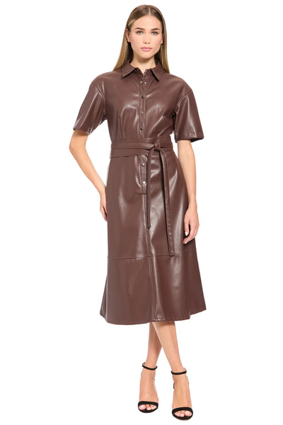 Faux Leather Belted Midi Dress - French Roast