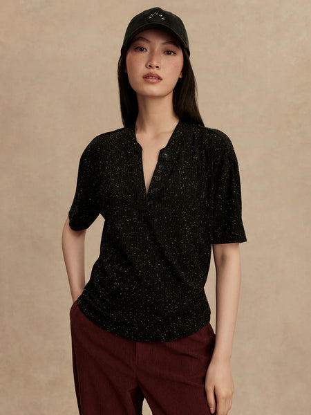 Odette Mock Placket Tee - Black/ Egret