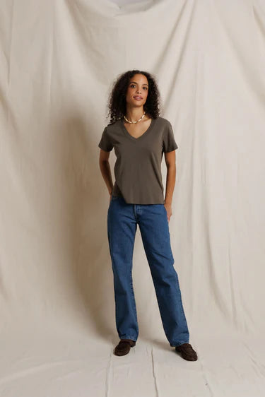 Hendrix Boxy V Neck Tee - Dark Olive