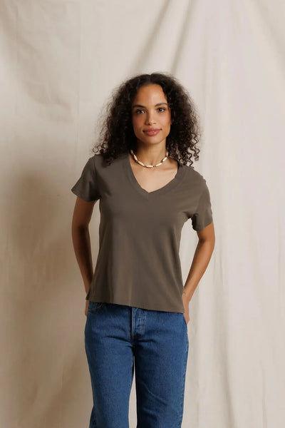 Hendrix Boxy V Neck Tee - Dark Olive