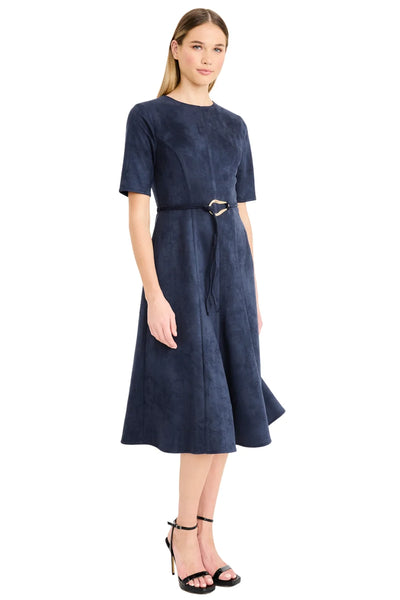 Suede Soft Flare A-Line Midi Dress - Navy