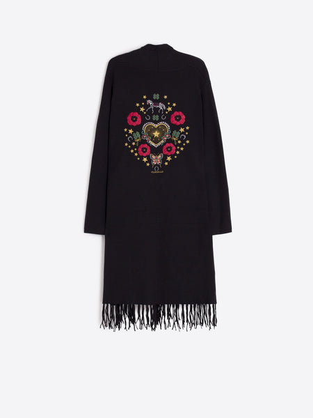 Cardigan With Fringes - Black W/ Horse & Heart
