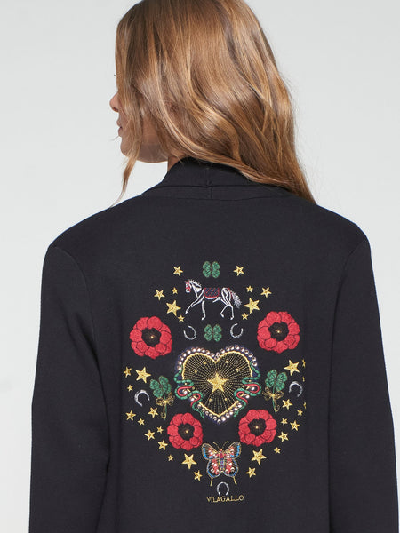 Cardigan With Fringes - Black W/ Horse & Heart