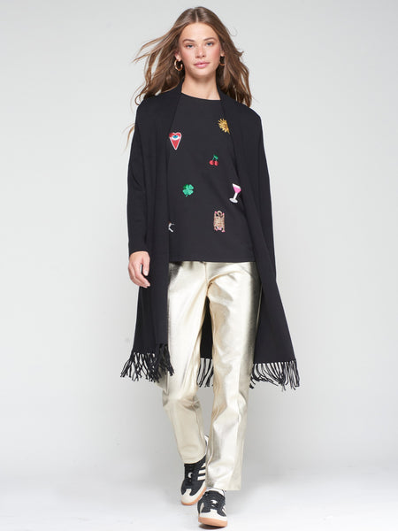 Cardigan With Fringes - Black W/ Horse & Heart