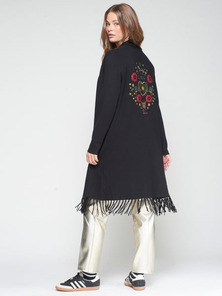 Cardigan With Fringes - Black W/ Horse & Heart