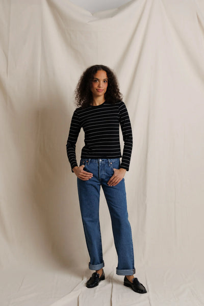 Lisa Long Sleeve Top - Black/Natural Stripe