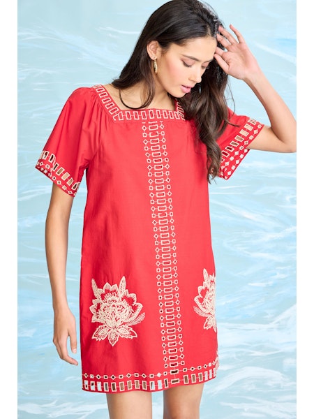 Embroidered Mini Dress - Red/Beige