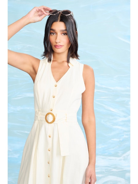 Collared V-Neck Belted Midi Dress - Winter White