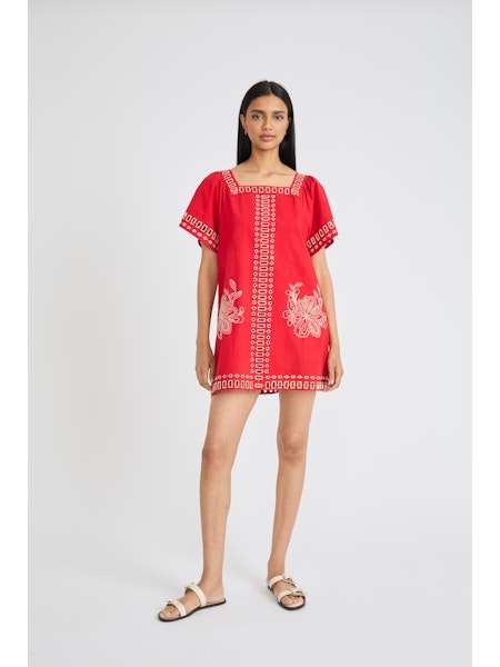 Embroidered Mini Dress - Red/Beige