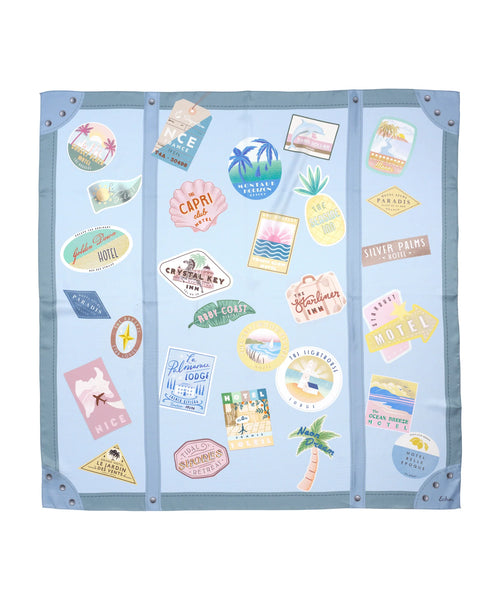 Travel Stickers Silk Square Scarf - Blue Shadow
