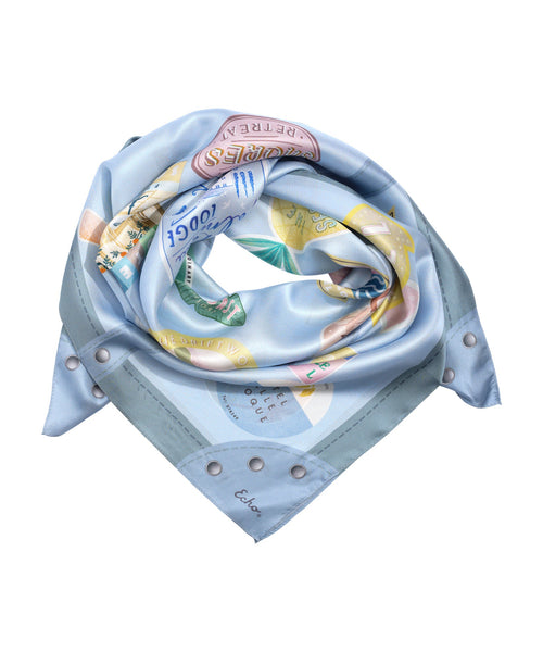 Travel Stickers Silk Square Scarf - Blue Shadow