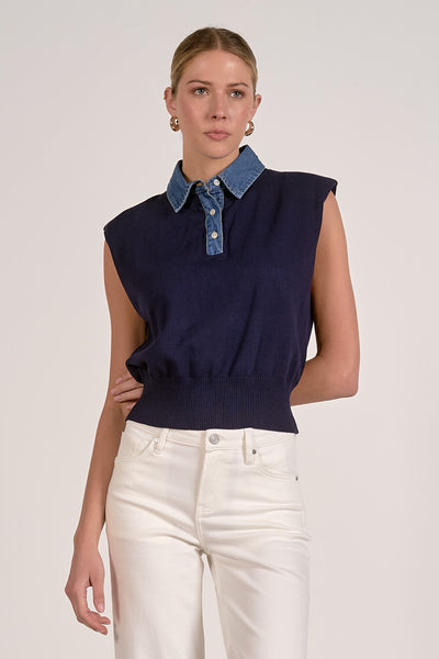 Piper Mix Media Sweater Top - Navy
