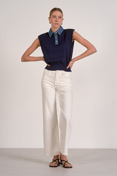 Piper Mix Media Sweater Top - Navy