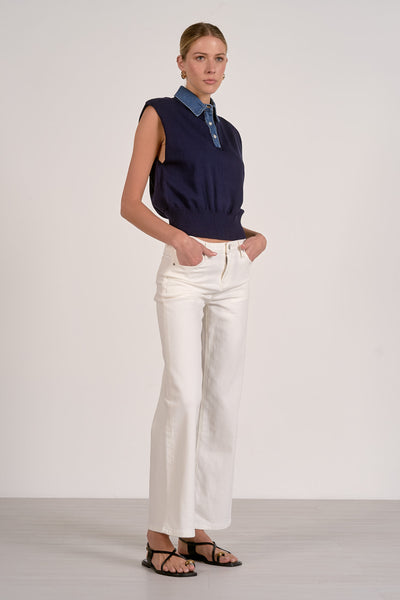 Piper Mix Media Sweater Top - Navy