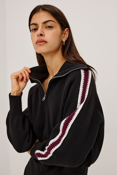 Piper Zip Knit Sweater - Black Merlot Stripe