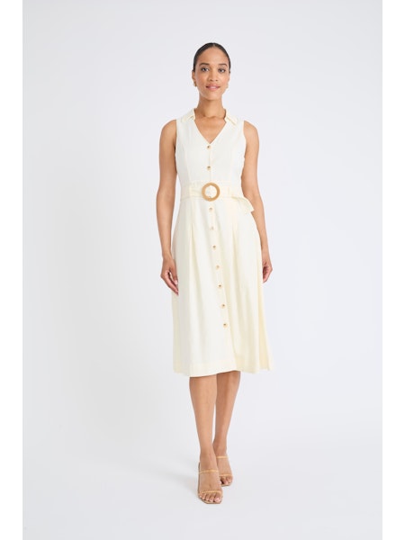 Collared V-Neck Belted Midi Dress - Winter White